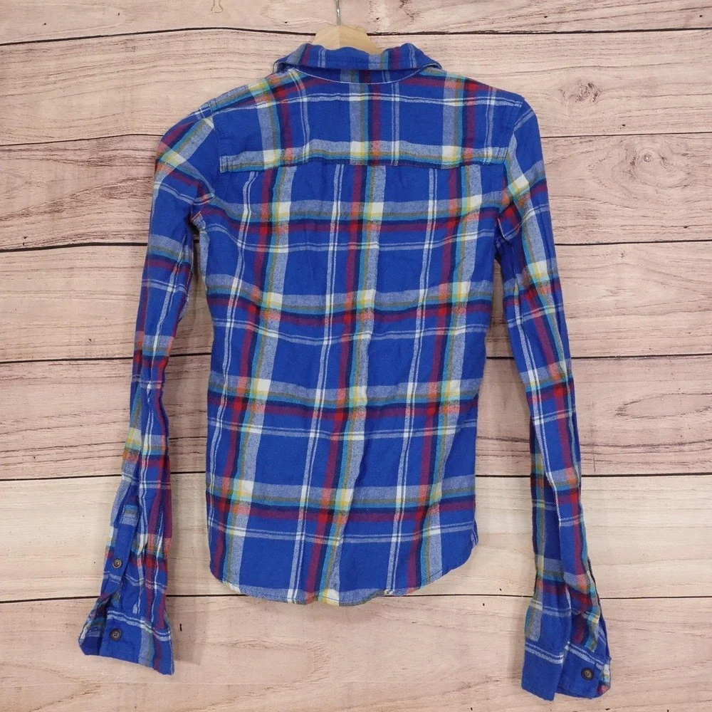New! Hollister Button-Up Womens XS Blue‎ Plaid Flannel Long Sleeve Shirt Top